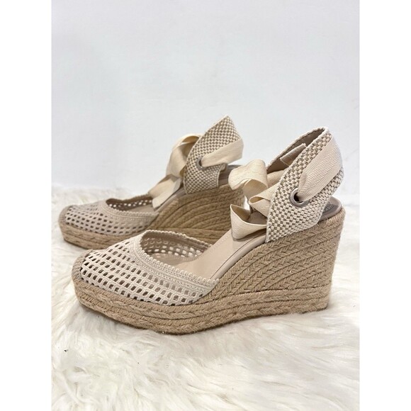 Zara Womens White Crochet Tie-Up Wedge Espadrilles Ankle Tie fastening Sz US 6.5 - Picture 9 of 12